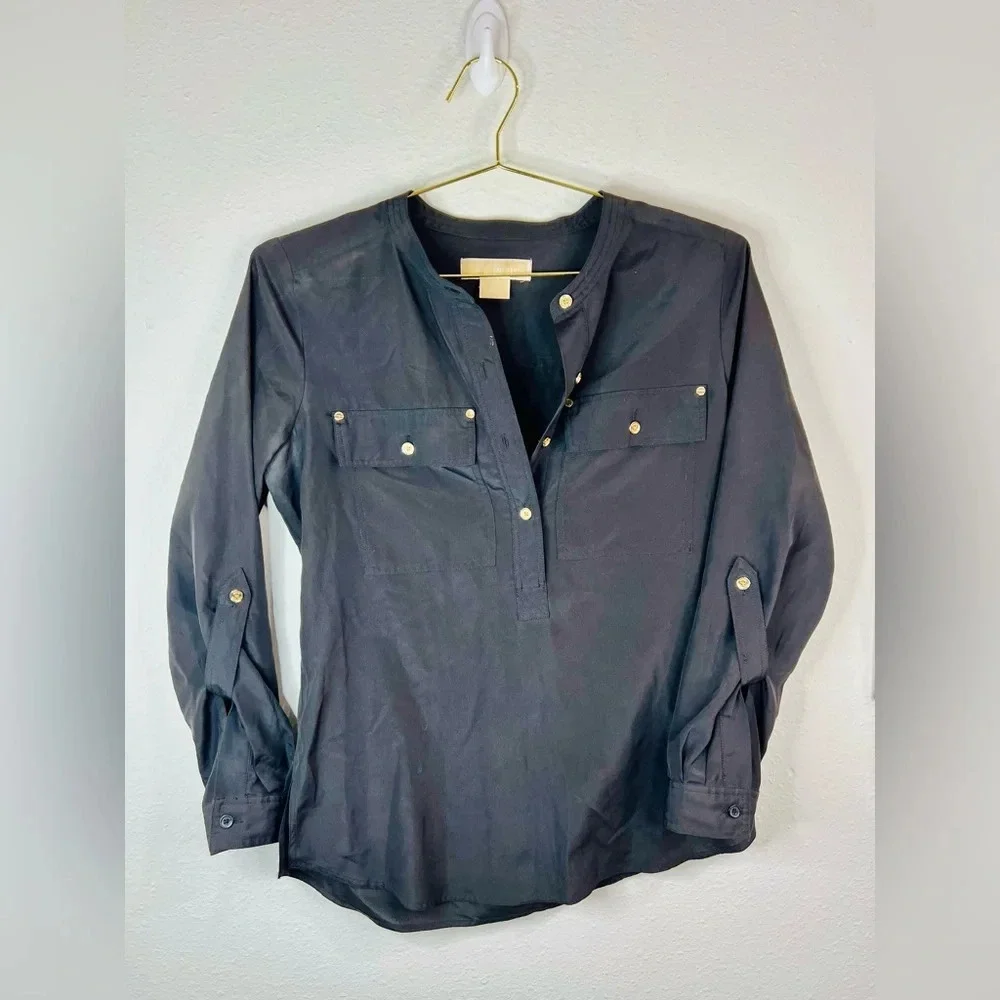 Michael Kors Women's Petite SM Black Utility Blouse Gold Button Long Sleeve Top